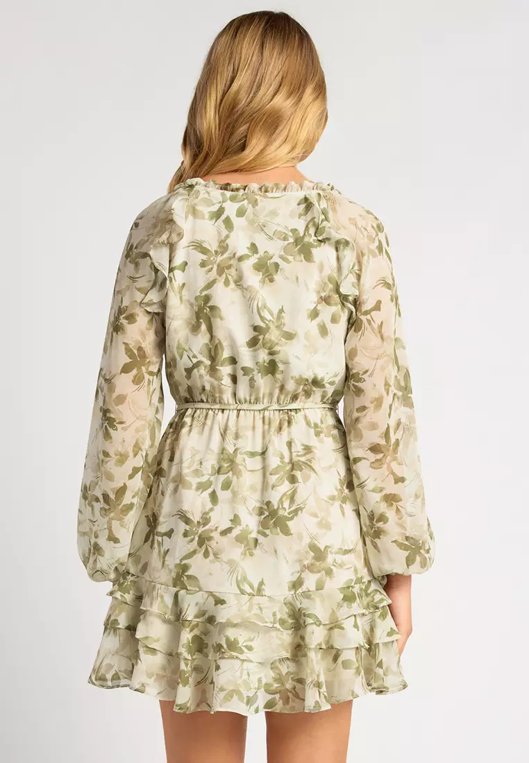 印花荷葉雪紡連身裙