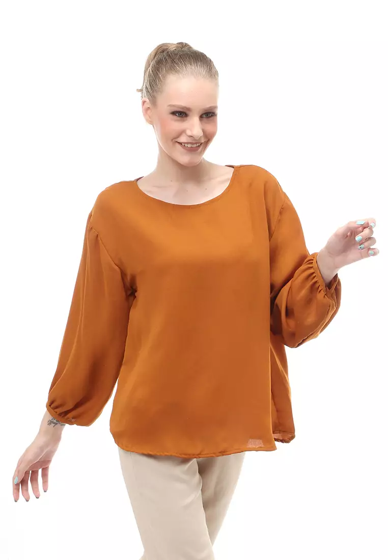 Blouse Lengan Balon Motif Solid Design Simple Regular Fit - Brown