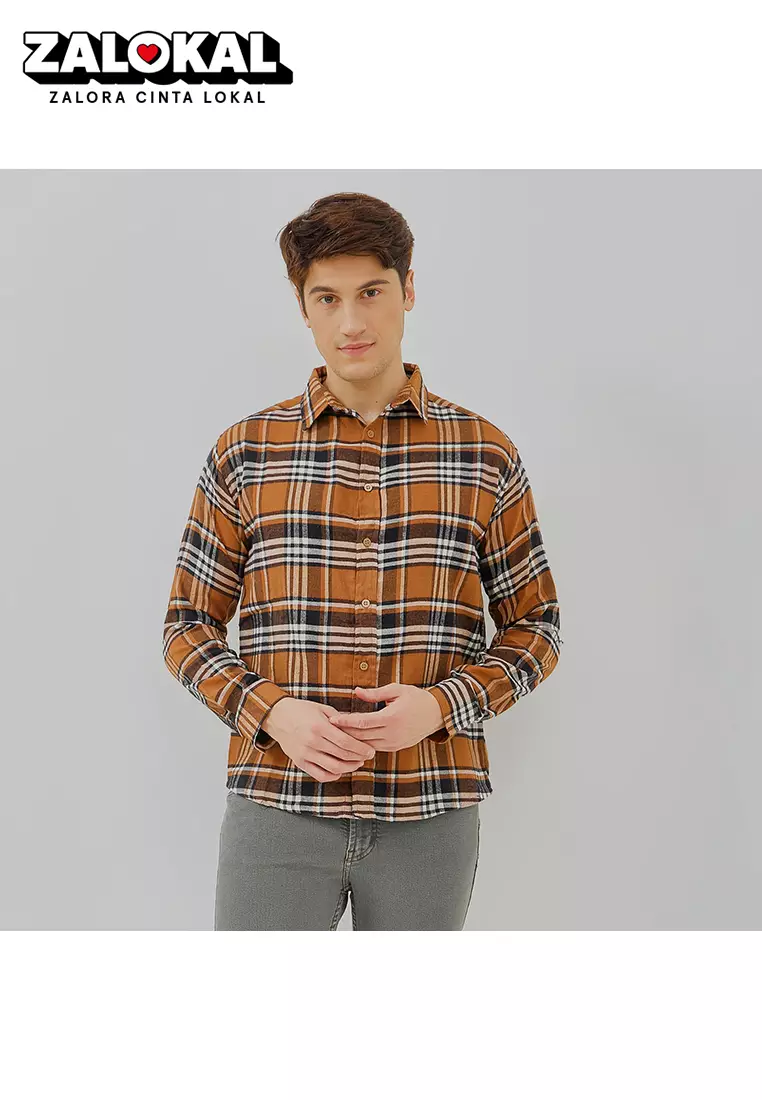 PAULMAY Kemeja Flanel Pria Lengan Panjang Cokelat 6713