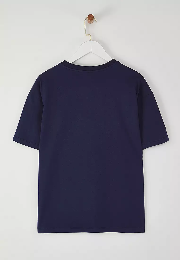 Navy Blue Heart Slogan Printed Oversize/Comfortable Cut Knitted T-Shirt