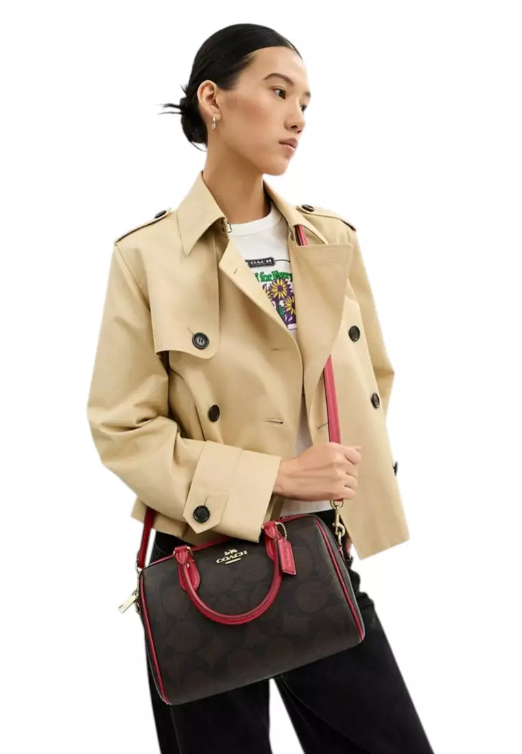 Rowan Satchel Bag In Signature Canvas - Walnut/True Red