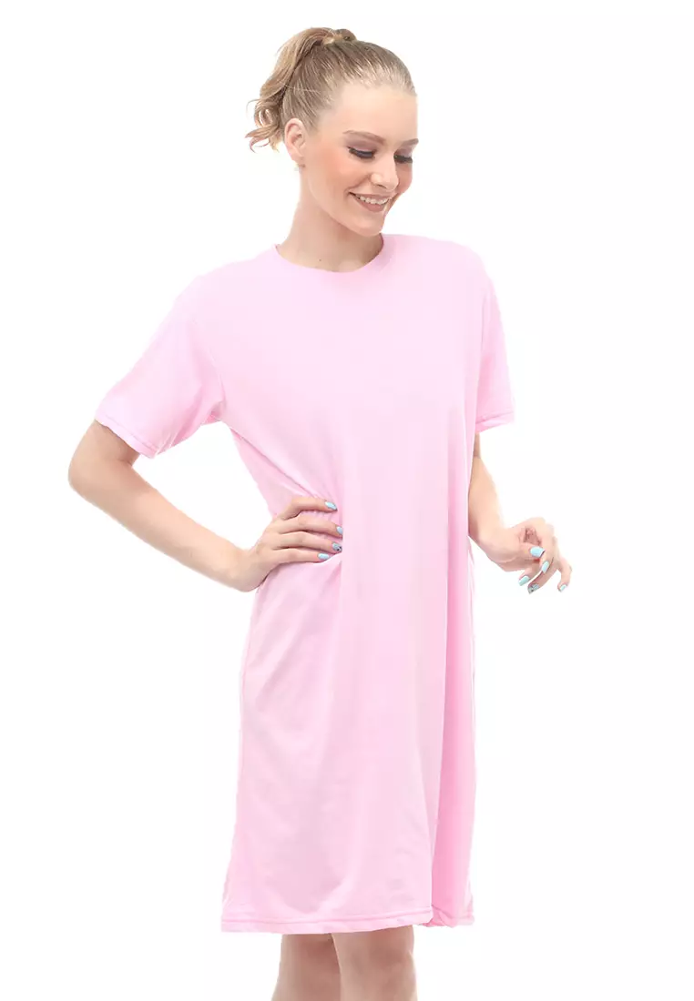 Finch Midi Dress Wanita Short Sleeves Motif Polos - Pink