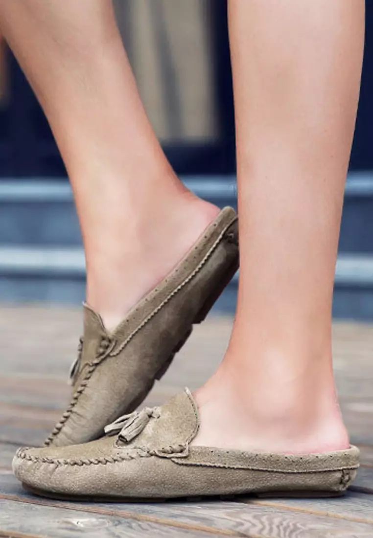 Ergonomic pigskin fringed half slippers