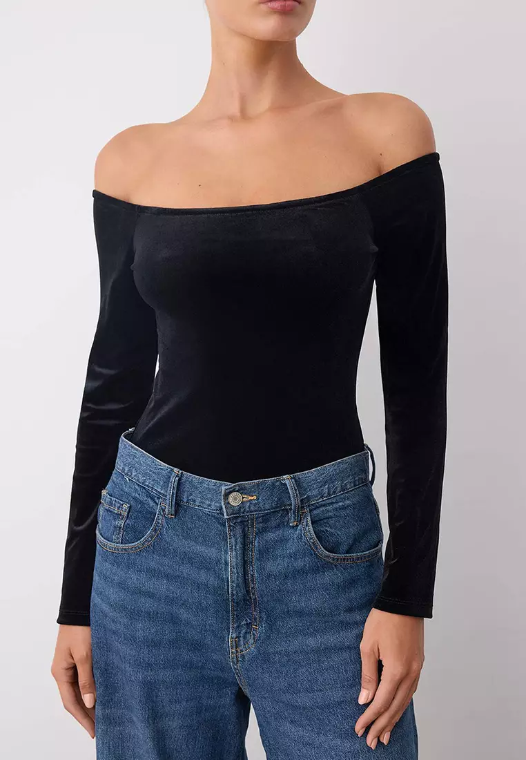 Black Carmen Neckline Knitted Velvet Party New Year's Bodysuit
