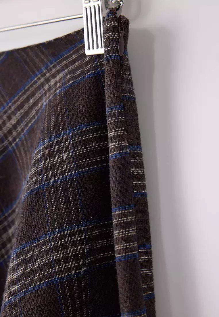Brown Plaid/Checkered Flannel Woven Flared Midi Skirt Twoaw26Et172