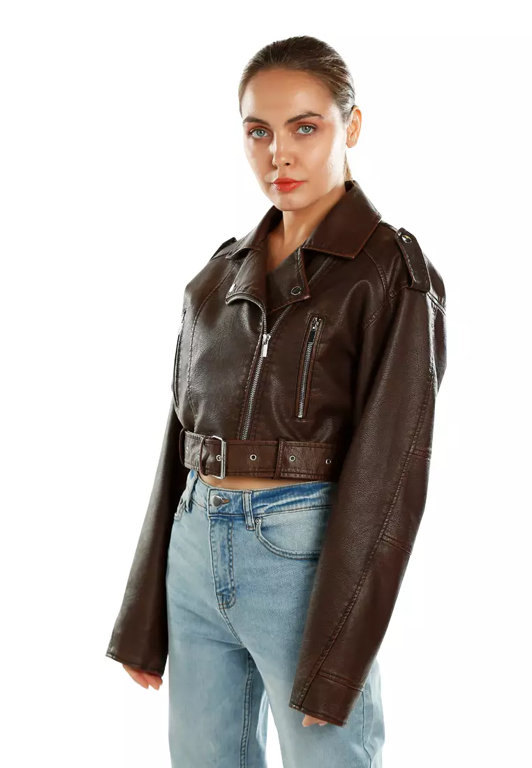 Cropped Biker Jacket in Brown