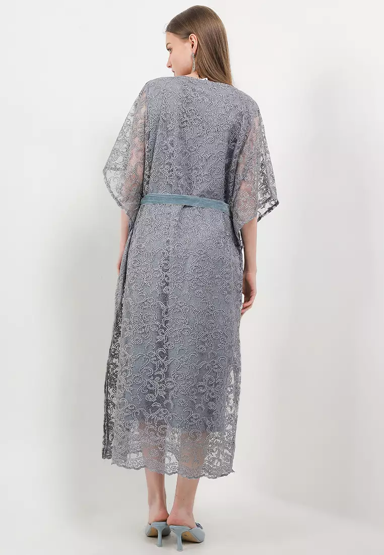 Belted Emb Tulle Batwing Kaftan W/ Corsage