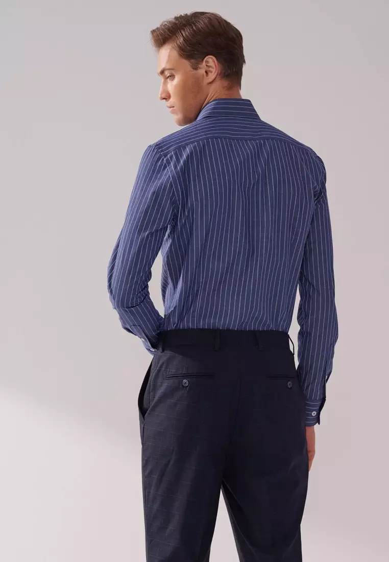 Blue and White Striped Textured Slim Fit Shirt