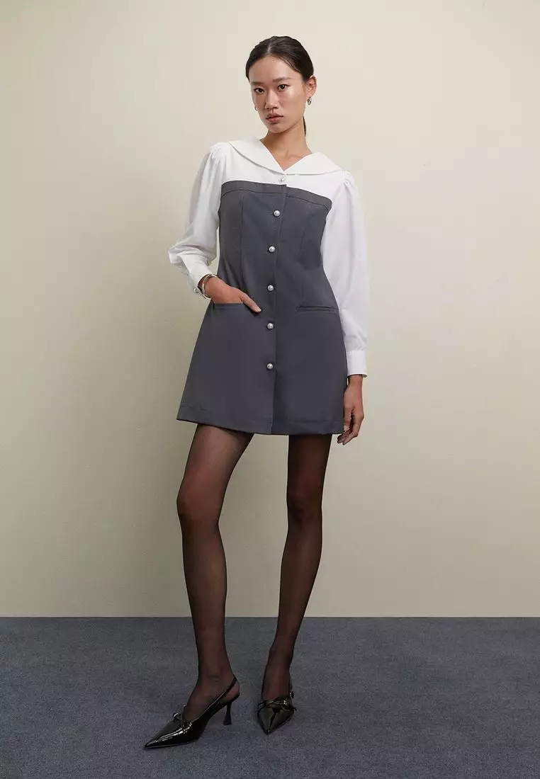Pearl Button Layered Dress - Mid Grey