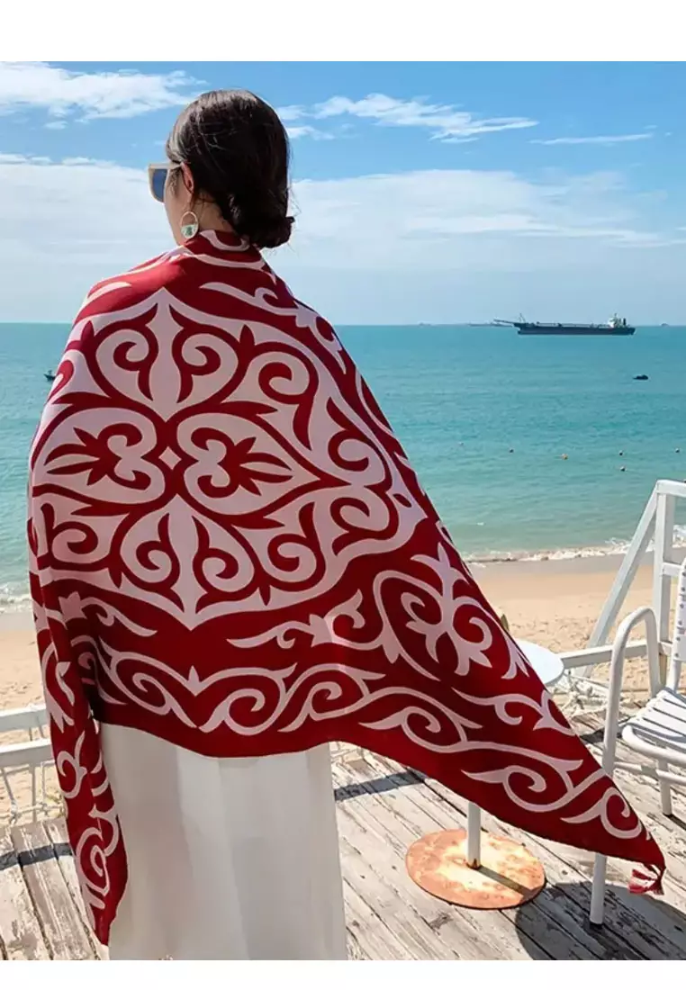 Aksesoris Wanita Boho Style Pattern Tassels Viscose Shawl Syal Wanita Burgundy