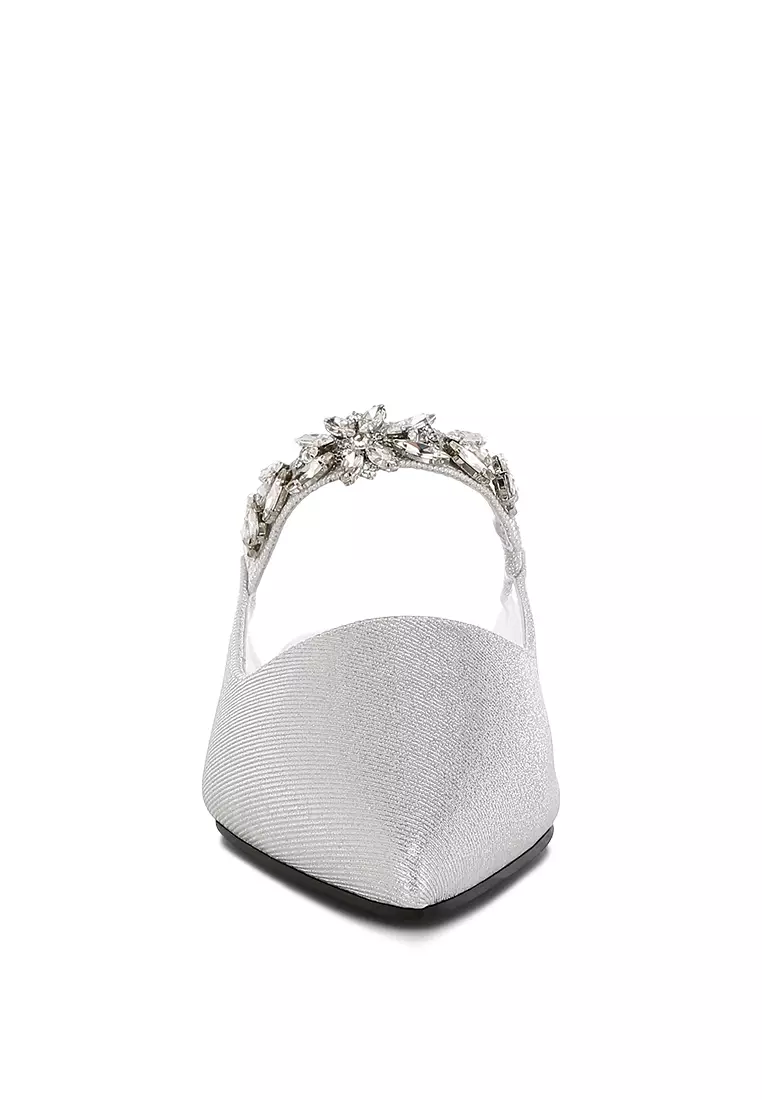 Diamante Strap Glitter Mules in Silver