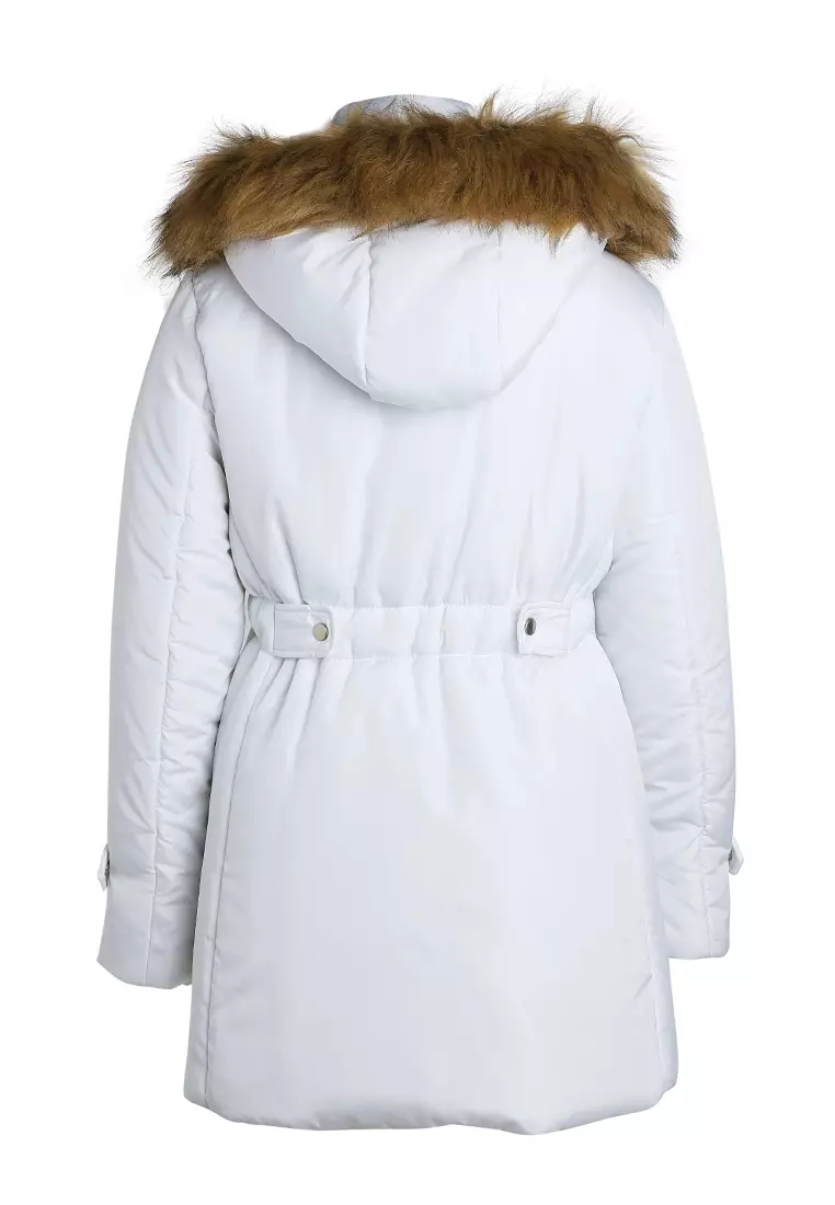 Faux Fur Collar Long Puffer Jacket in White