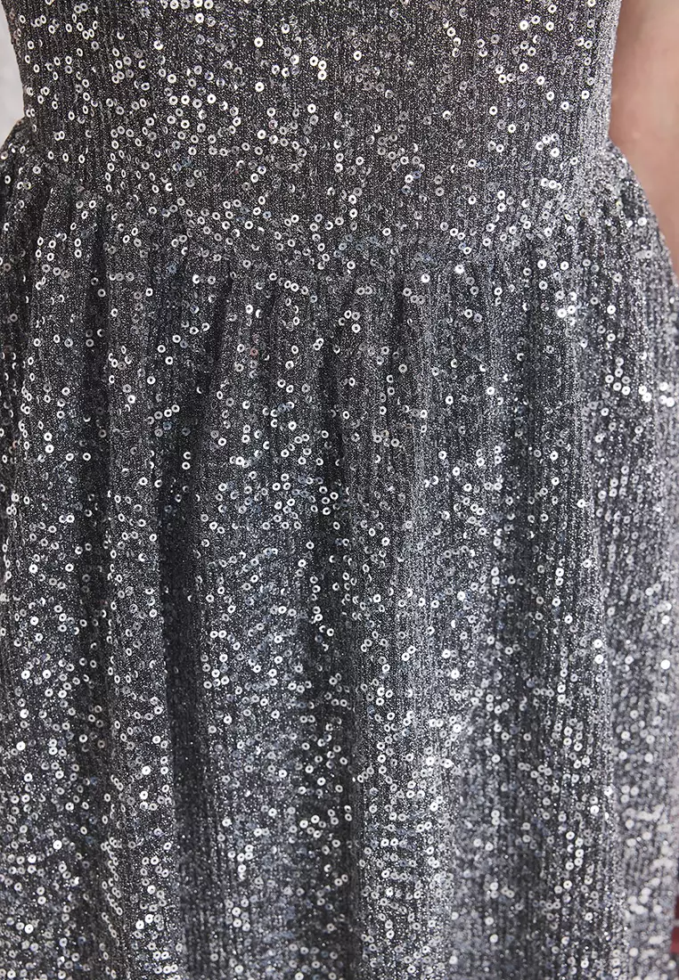 Silver Skirt Waist Opening Sequin Mini Evening Prom Dress TPRSS25EL00286