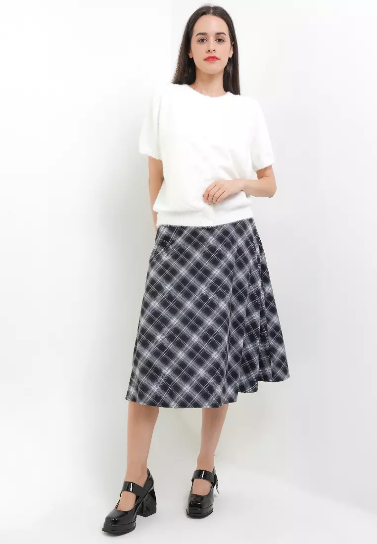 Checkered Midi Flare Skirt W/ Pocket
