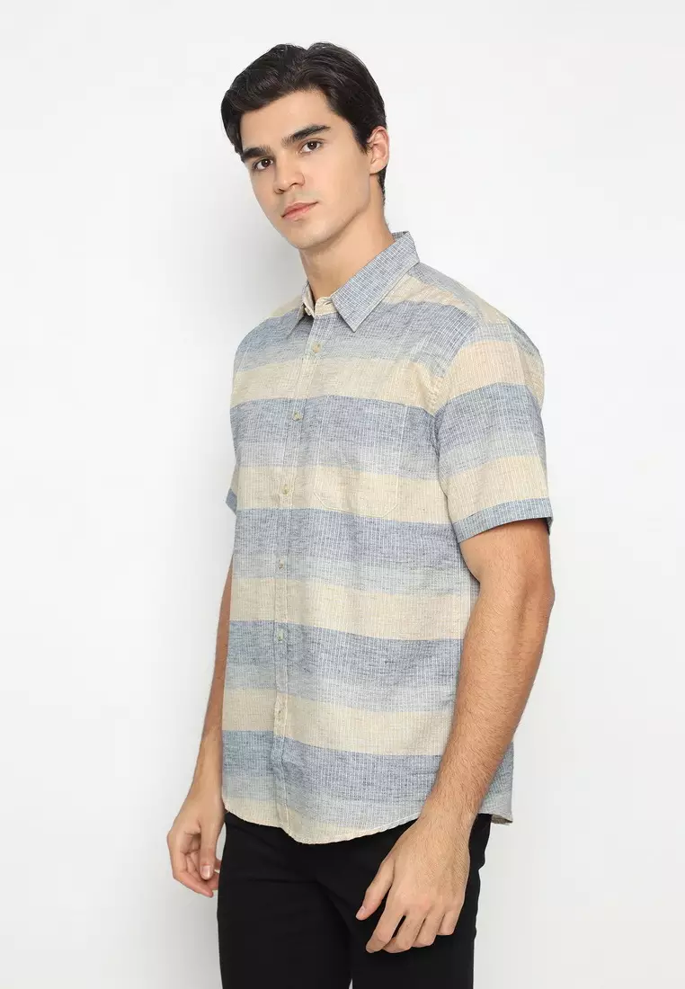 POLICE Kemeja Salur Printing Biru Beige Regular Fit Pria