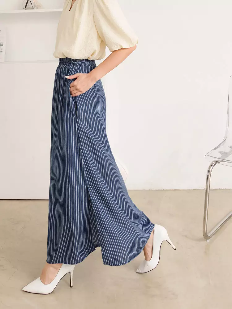 Cool Lightweight Denim Striped Side-Slit Long Skirt [CA2943]