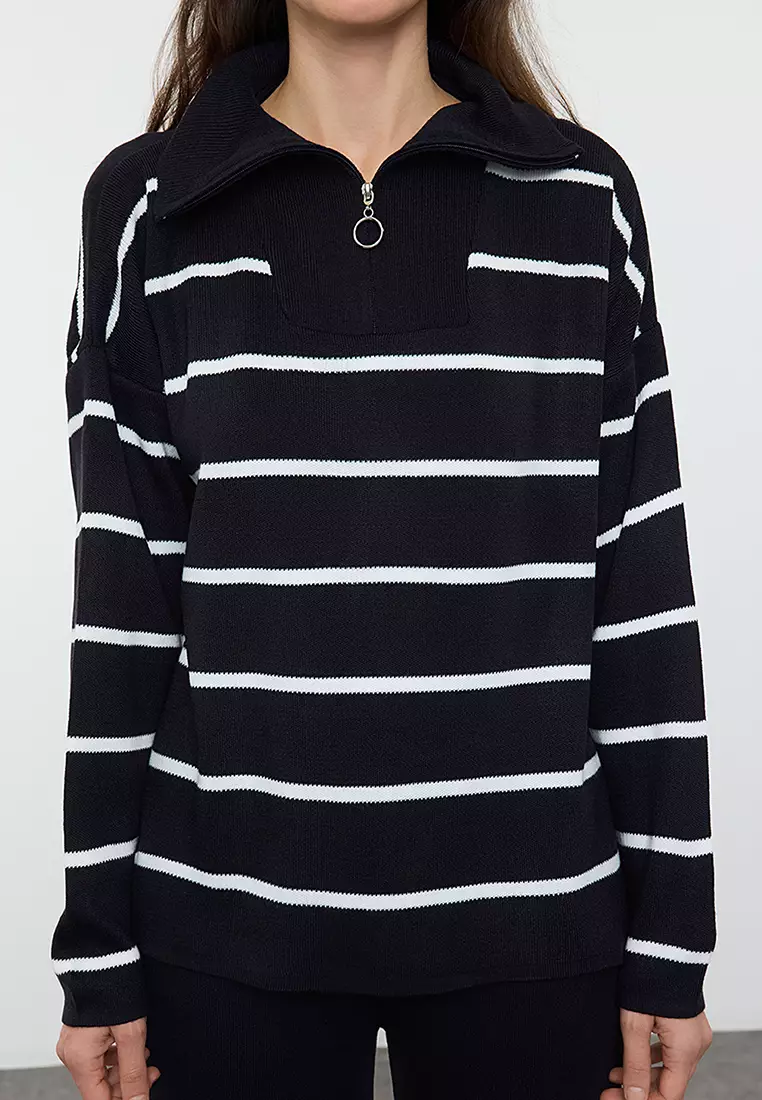 Navy Blue Wide Cut Zippered Knitwear Top-Bottom Set TWOAW24AU00025