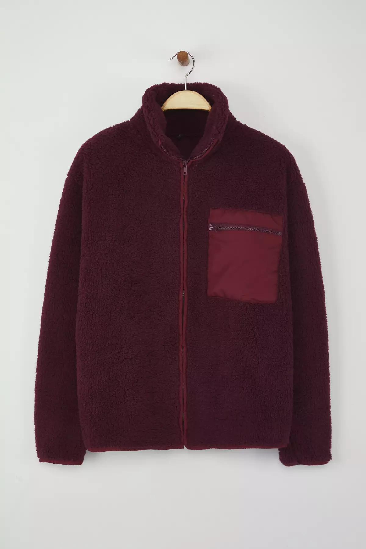 Winter Essentials Plum Fleece Zippered Stand-Up Collar Pocket Detailed Knitted Sweatshirt Twoaw24Sw00071