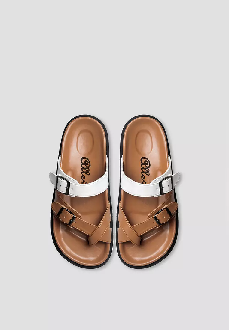 Malika Brown White Slide Sandals