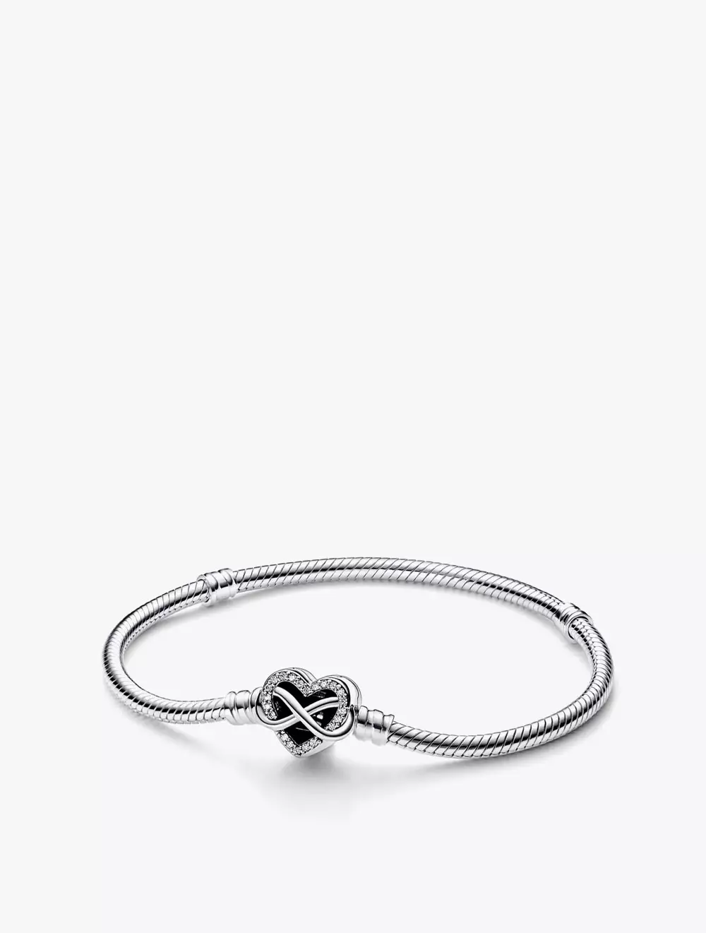 Snake chain sterling silver bracelet with infinity heart clasp with clear cubic zirconia