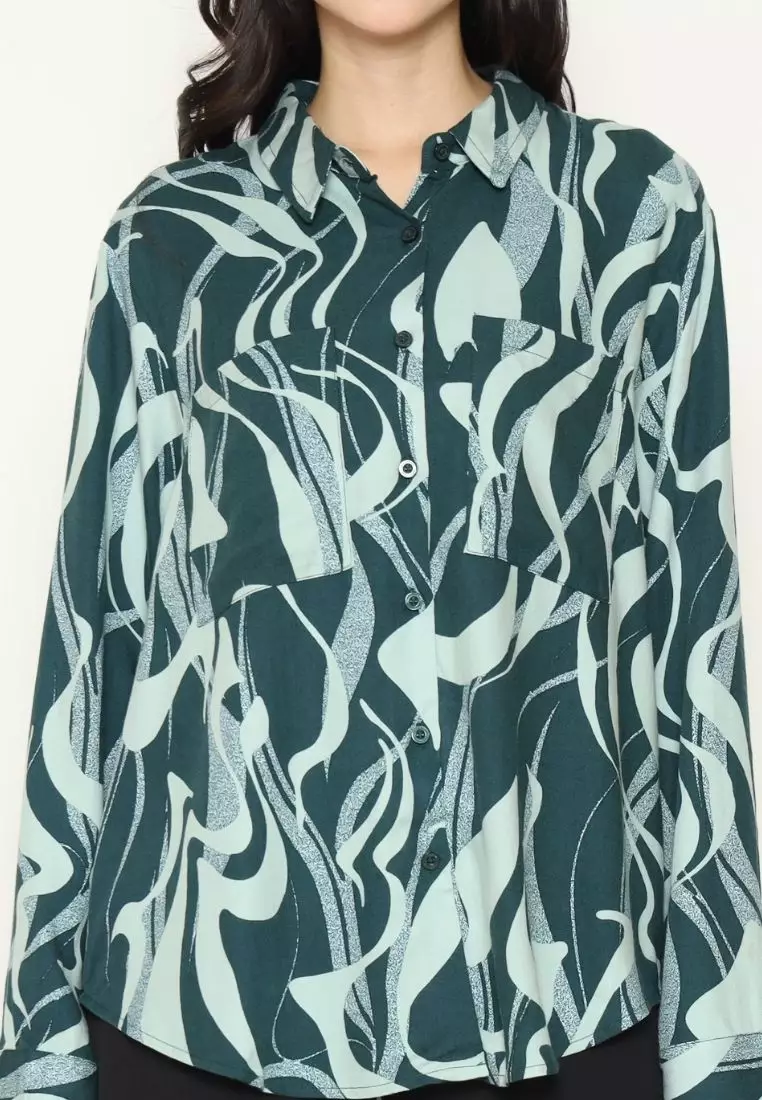 Urban Exchange Shirt Cherry Printed Green - Printed Shirt Kemeja Oversize