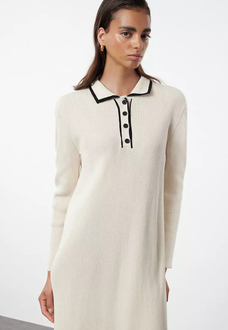 Stone Polo Buttoned Collared Knitted Dress Tctaw25Eb00044
