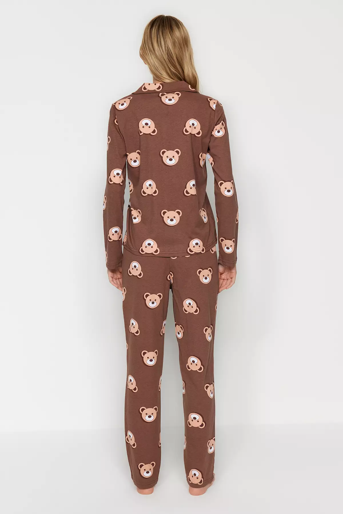 Brown 100% Cotton Teddy Bear Patterned Shirt-Pants Knitted Pajama Set Thmaw24Pt00002