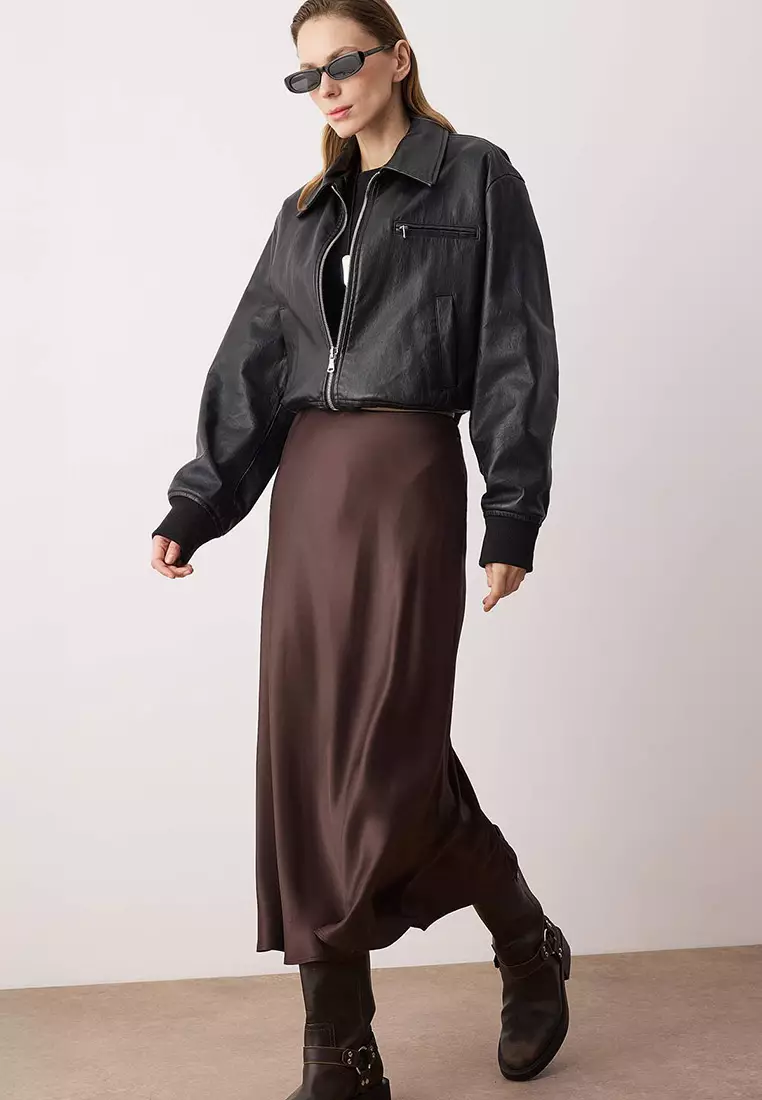 Brown Satin A-Line/Trumpet Midi Skirt Twoaw26Et163