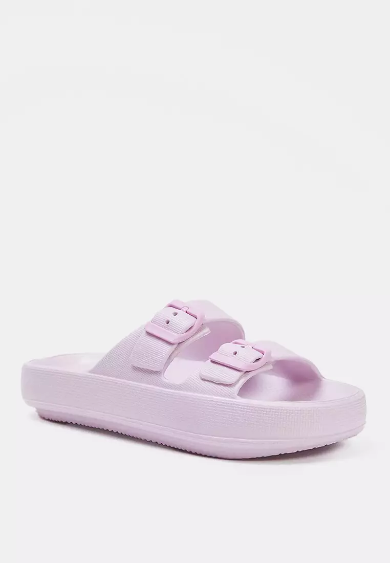 Soft Pink Double Banded Buckle Detailed Light Sole Women's Slippers Takss25Te00019
