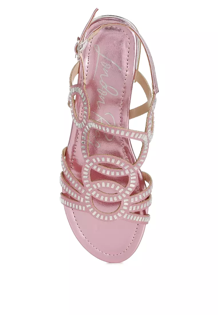 Sandal Datar Berlian Imitasi Detail Potongan Warna Pink
