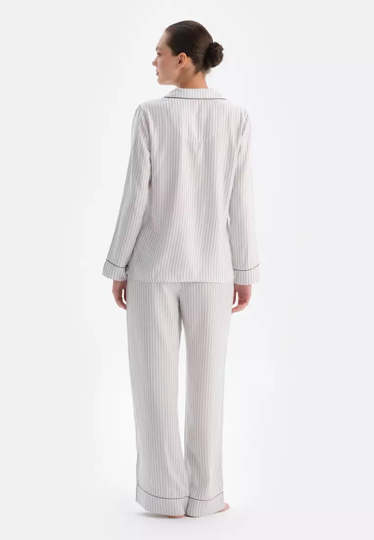 White Shirt, Striped, Regular Fit, Long Sleeve Sleepwear for Women