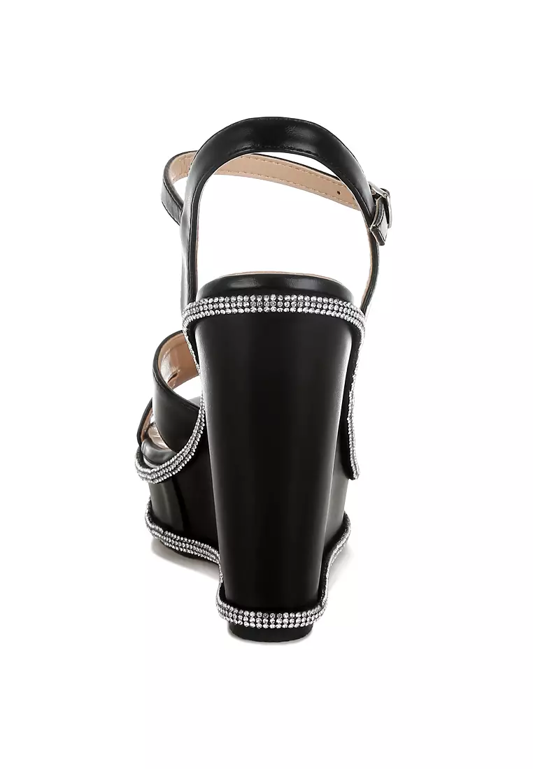Sandal wedges berhiaskan berlian imitasi warna hitam