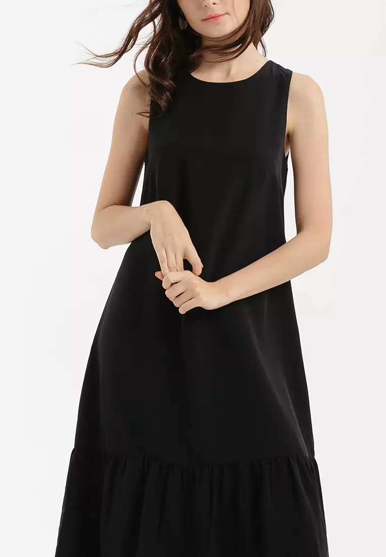 Shift Midi Ruffle Dress in Black