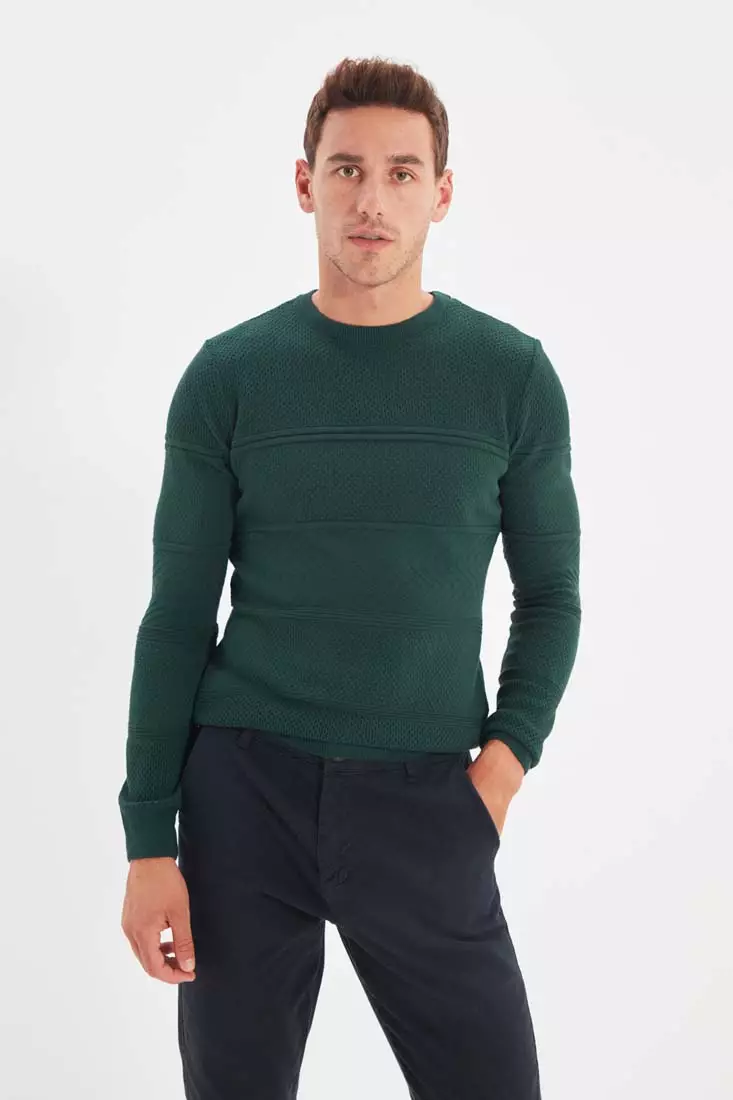 Dark Green Men s Crew Neck Slim Fit Knitwear Sweater