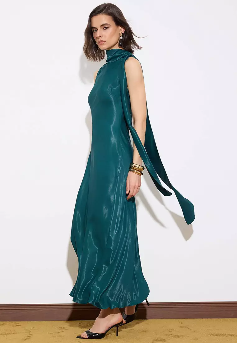 emerald green dress with scarf Trendyol Detailed Satin Midi Stylish/Evening Tprss26El29 2026 | Buy Trendyol Online Style Ideas>Spring Summer Essentials