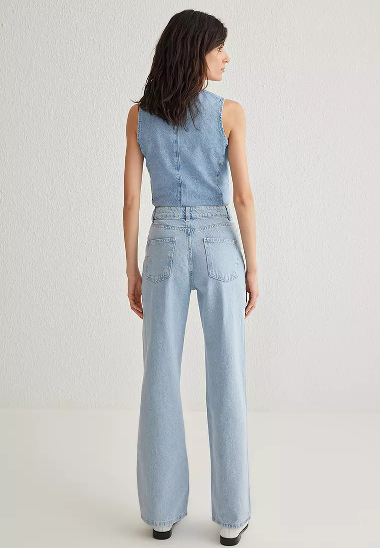 High-Waisted Jeans with Floral Accent - Blue main image 0