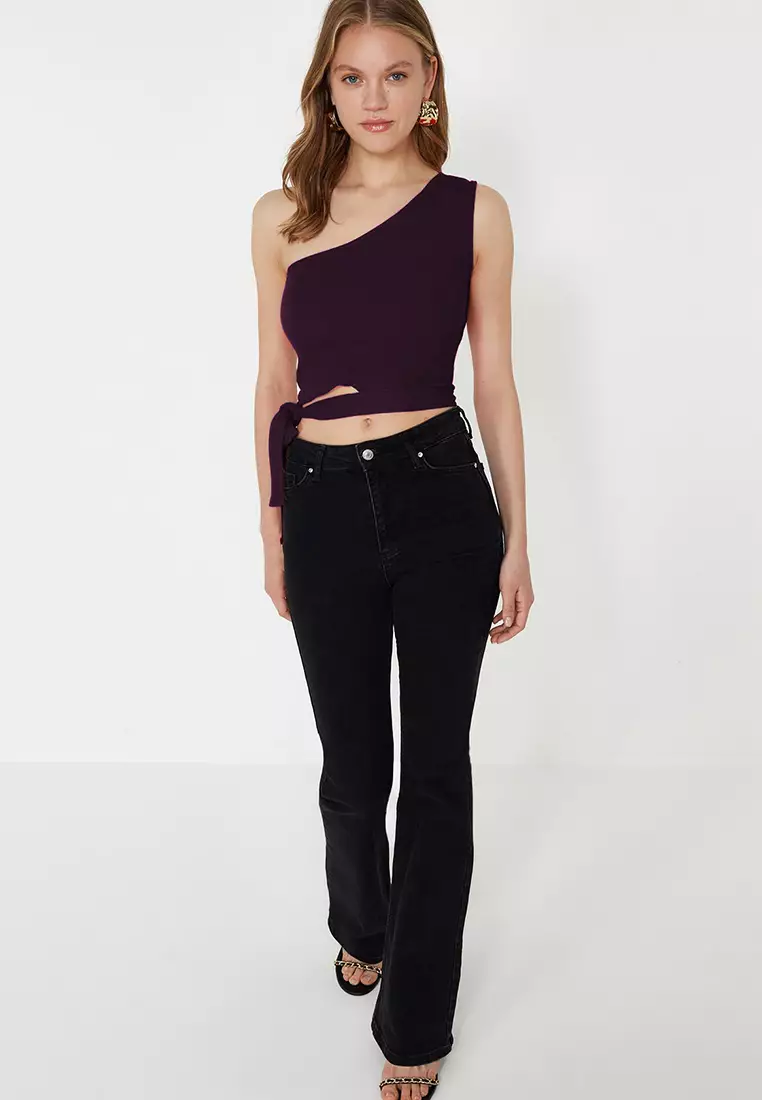 Damson Single Shoulder Fitted Tie Detail Ribbed Knitted Blouse