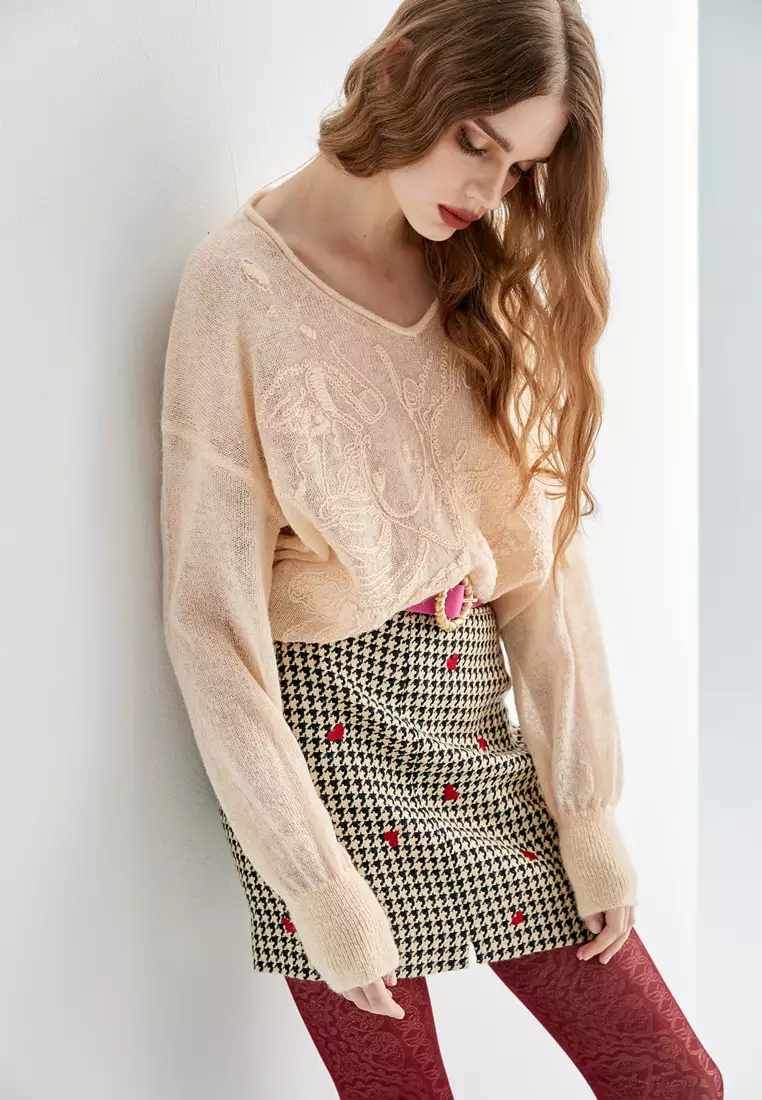 All Over Heart Embroidered Corset Waist Band Skirt