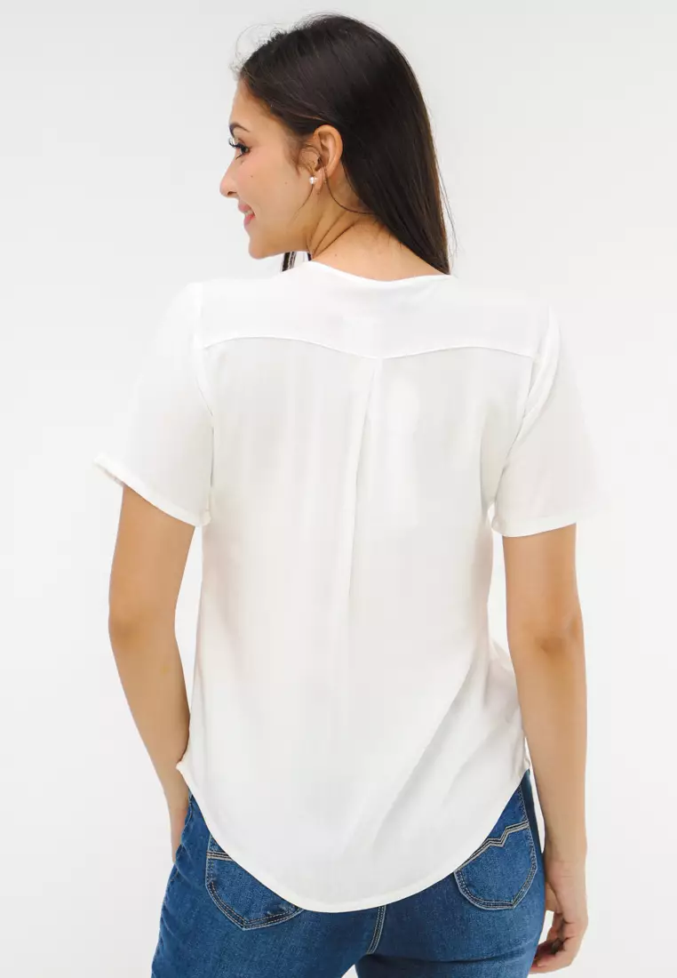 Woven Plain Rayon Short Sleeves Blouse