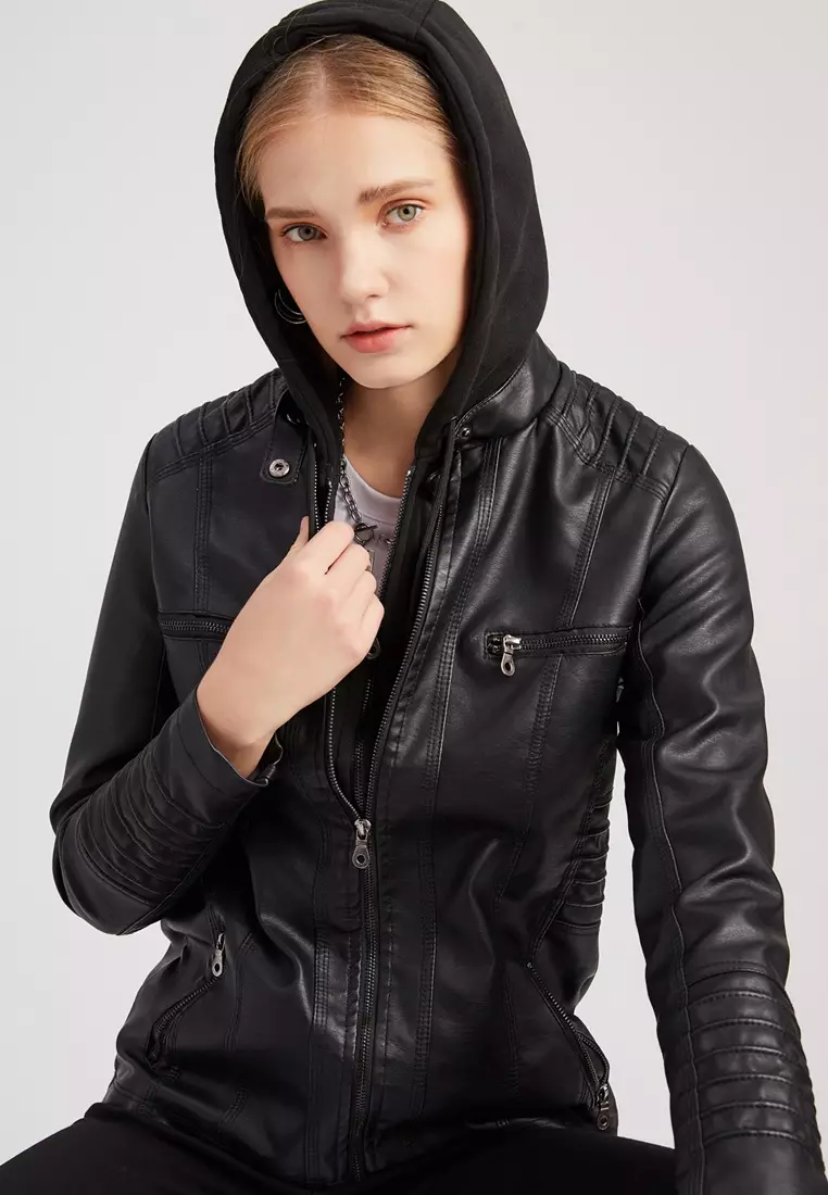 Detachable Knitted Hooded Faux Leather Jacket‌‌ AD-6699