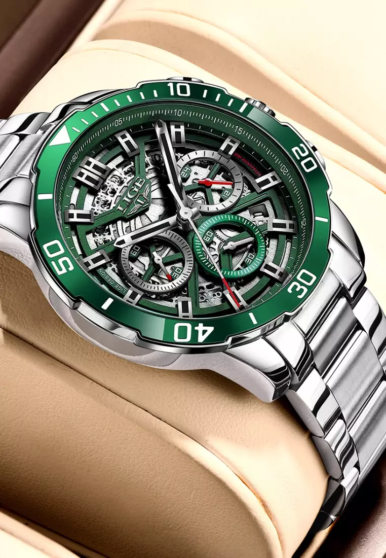 Chronograph Unisex Stainless Steel Quartz Watch, 45mm, Green Bezel, Skeleton dial on Steel Bracelet