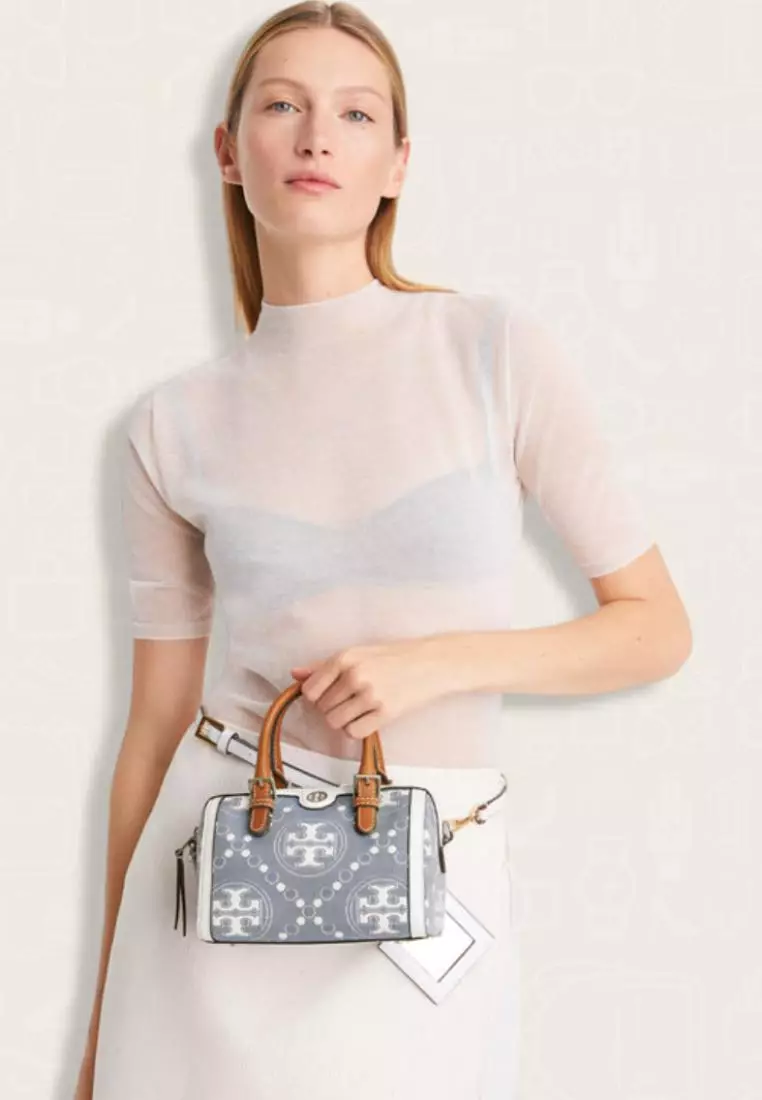 Tory Burch T Monogram Denim Petite Barrel Bag Pearl Blue