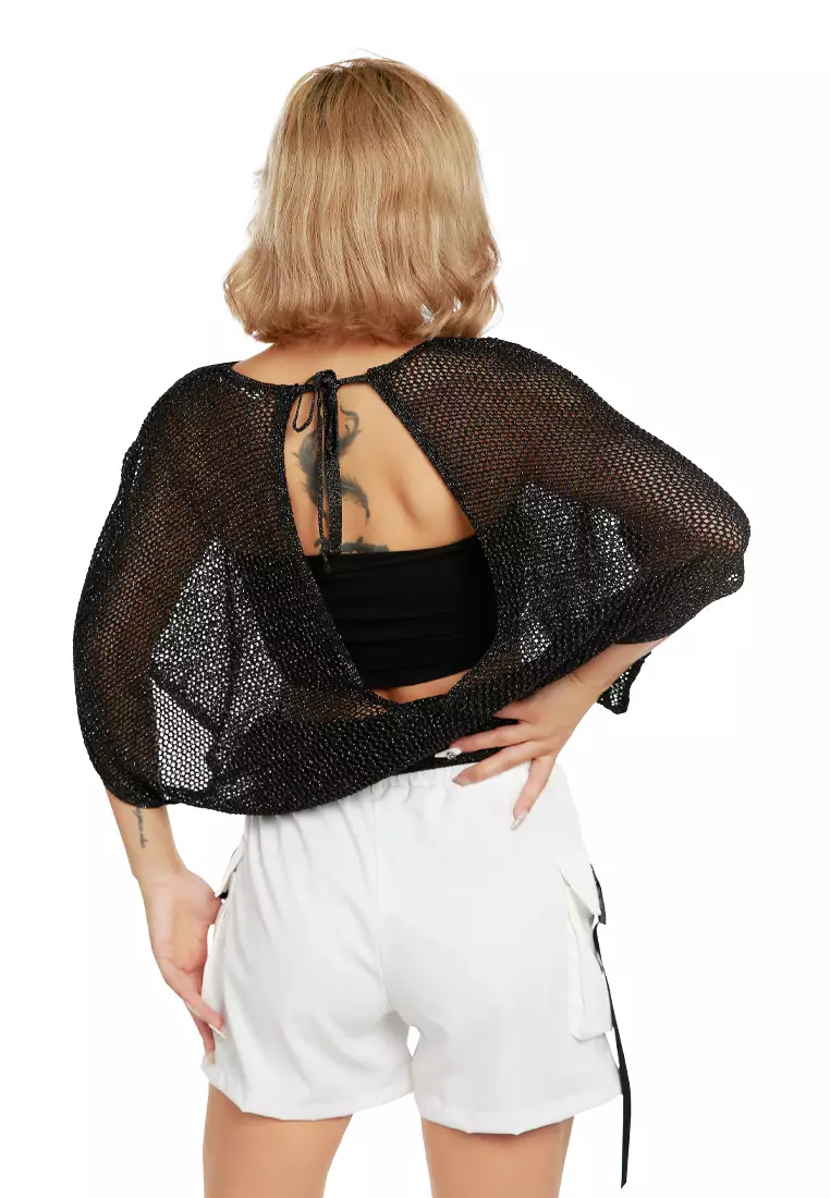 Atasan Tipis Rajutan Warna Hitam/Perak