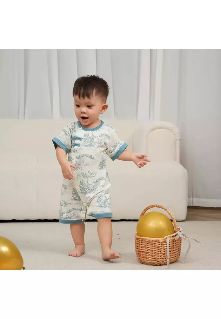 Chinese Garden Landscape Bridge Rockery Pavilion Baby Boy Cheongsam Romper 0839