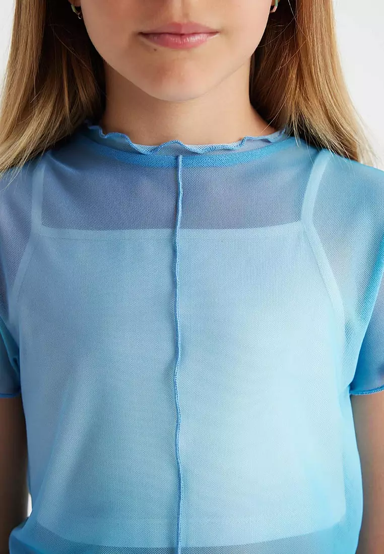 Crop Crew Neck Gradient Printed Tulle Short Sleeve T-Shirt Undershirt 2-Piece Set