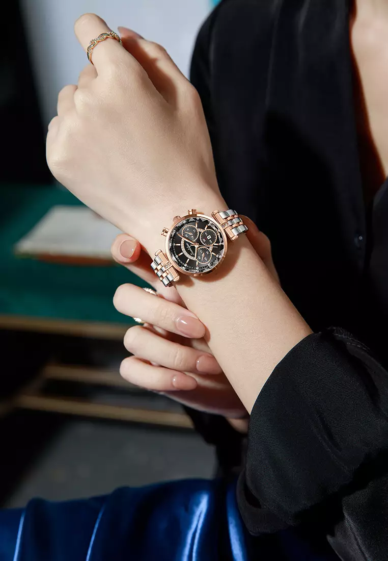Jam Tangan Wanita Original B005 Kalendar Anti Air Berlian Kuarsa Tali Stainless Steel Jam Tangan Cewek roseblack
