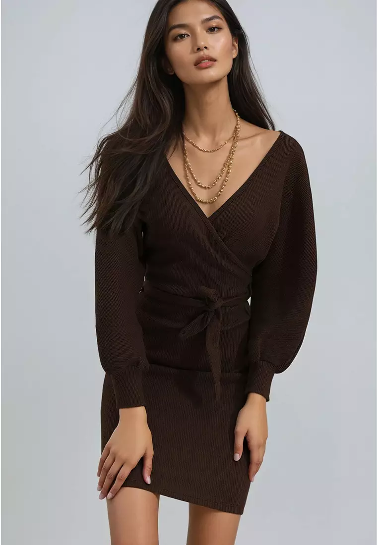 Women's Dark Brown Double-Breasted Batwing Sleeve Waist Belted Camisole Dress Alc-X7623