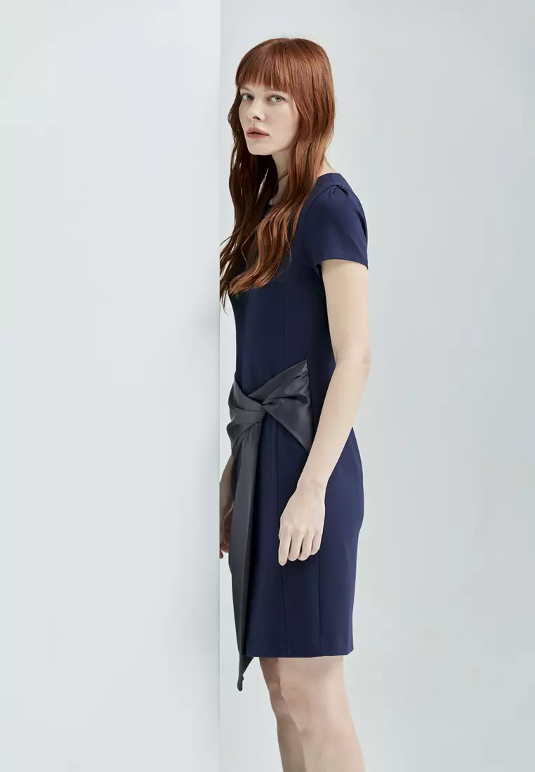 Navy Asymmetric Short Sleeve Dress