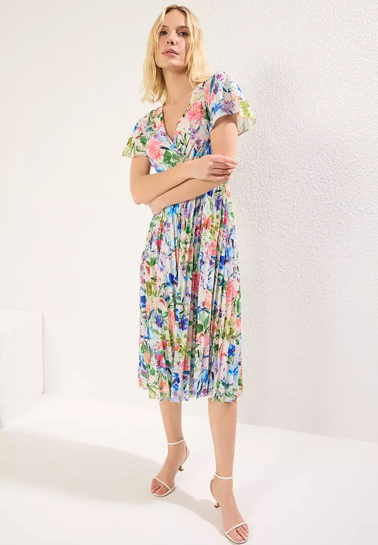 Blue Floral Skater Floral Pattern Double Breasted Handkerchief Sleeve Ribbed Flexible