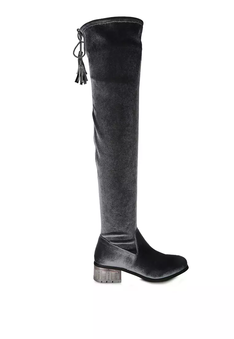 Discount on London Rag  shoes - SKU: Grey Velvet Knee High Clear Heel Boots